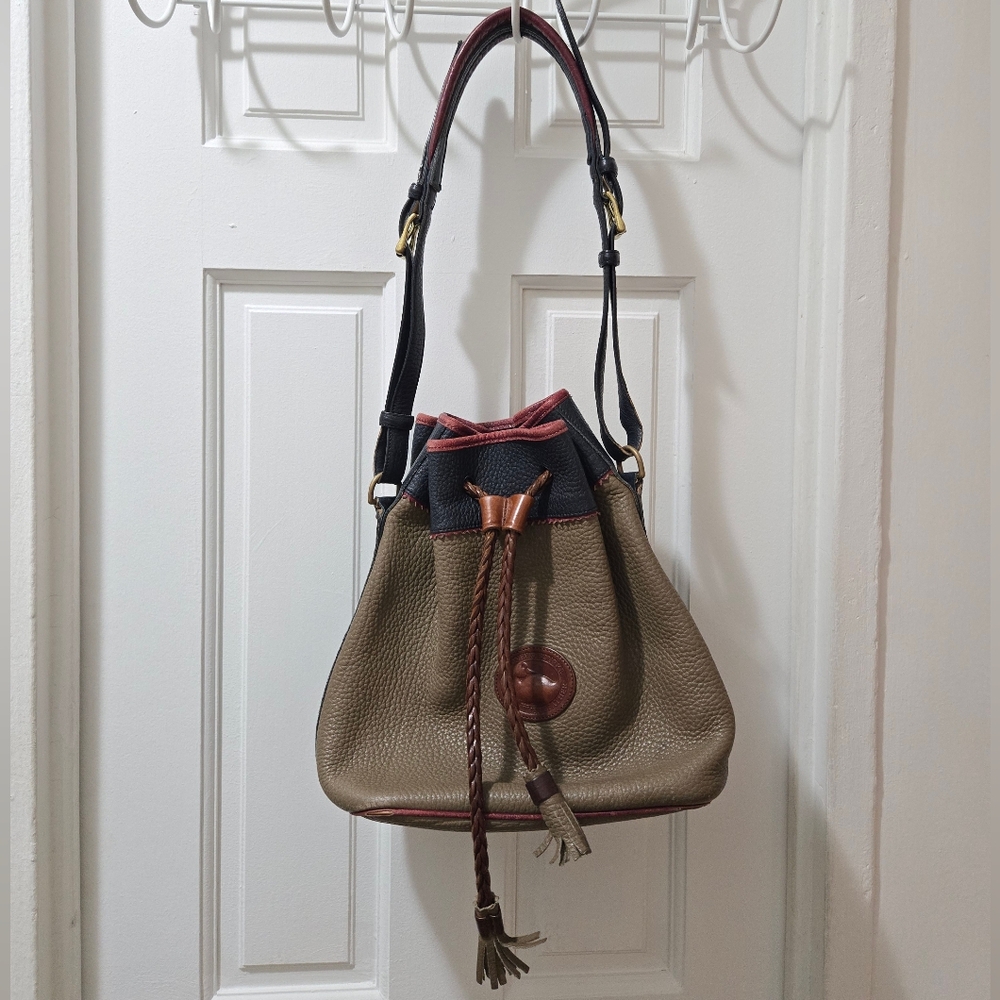 Dooney & Bourke Olive Brown, Black & Red Trim Leather Shoulder Bag